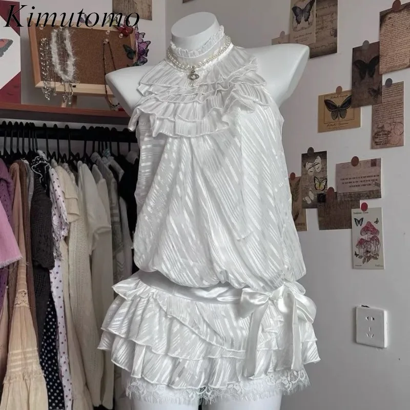 

Комплекты из двух предметов Kimutomo, женские винтажные топы без рукавов с бантом и кружевными вставками, блузка, мини-юбка, женские костюмы Y2k Lolita