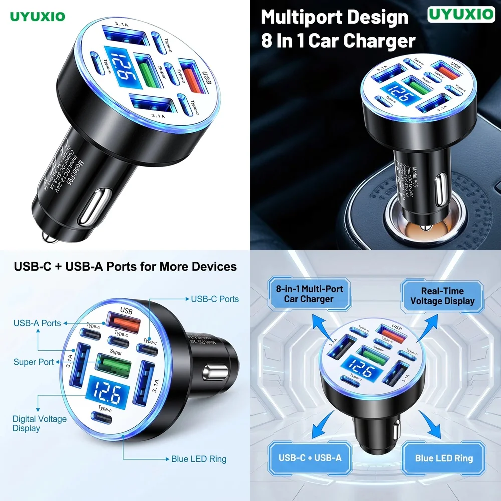 USB C Multi Port Car Charger for iPhone 17 Samsung S26 Ultra iPad with LED Digital Voltage Display for All Mobile Devices