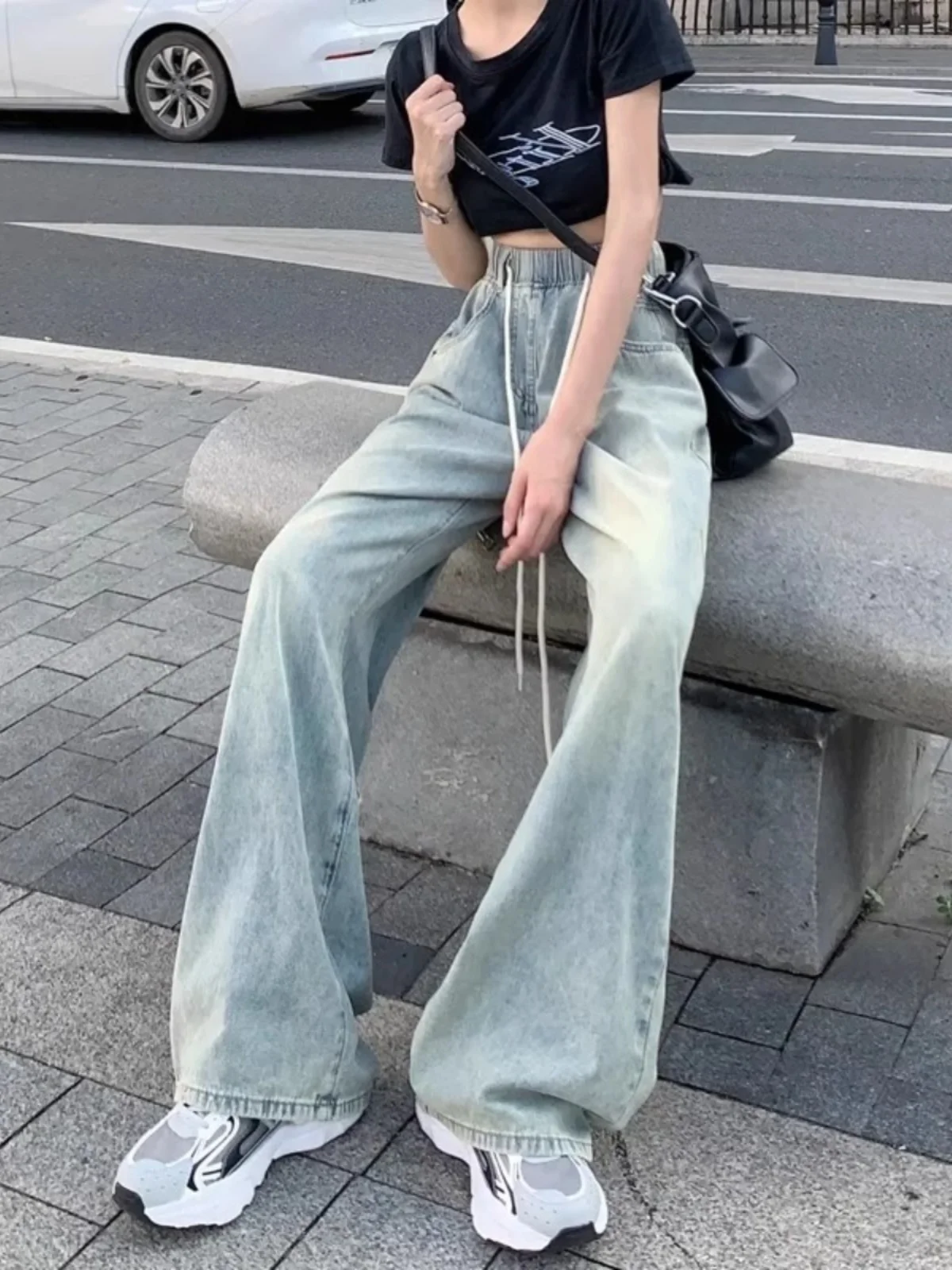 레트로 엘라스틱 웨이스트 끈 데님 청바지 여성용 봄 여름 한국 버전 하이 웨이스트 슬림 학생용 스트레이트 레그 바지...