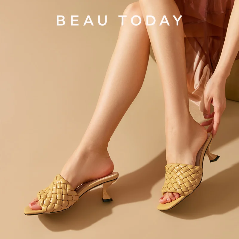 BEAUTODAY Fashion Slippers Women Solid Color Woven Open Toe Summer 2024 Leisure Dress Ladies High-heeled sandals Handmade 35128