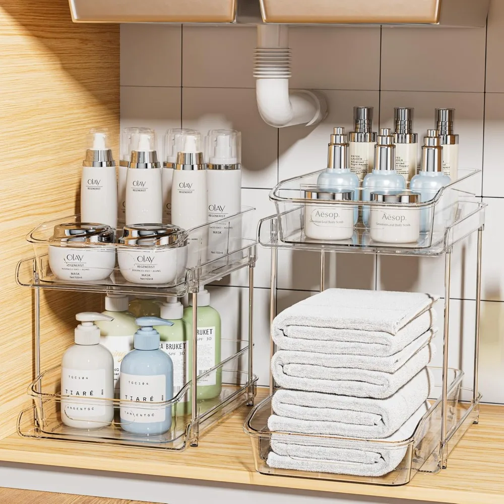 

2 Sets of 2-Tier Clear Under Sink Organizers and Storage, Multi-Purpose Stackable Bathroom Cabinet organizers, Pull Out Kitchen