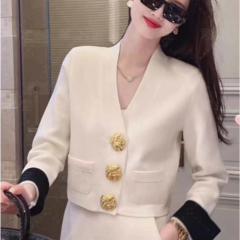 Vintage Elegant V-neck Cardigan Sweater For Women Gold Buttons Long Sleeve Knitwear Tops 2023 Autumn Fashion Chic Ladies Jumpers