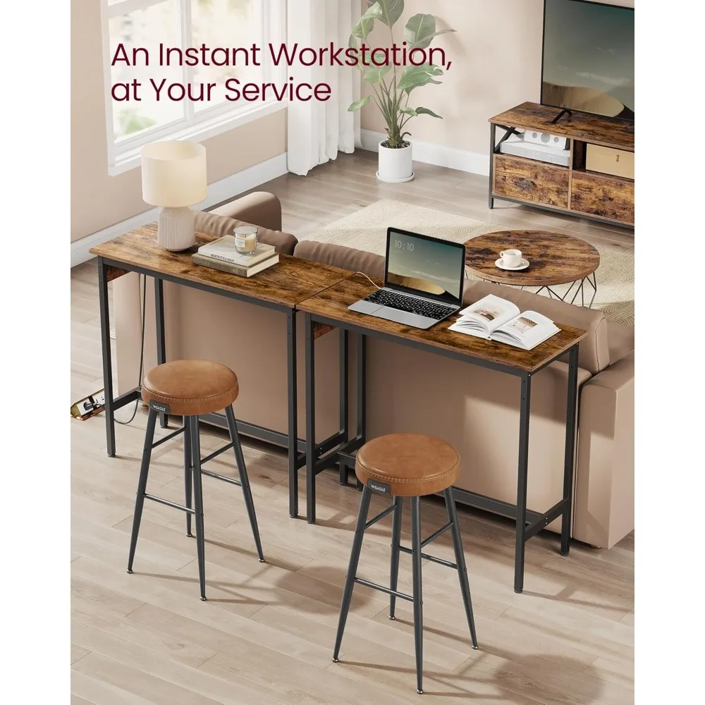 Bar Table, Narrow Long Kitchen Dining Table with Charging Station, Sturdy Metal Frame, Industrial, 15.7 x 39.4 x 35.4 Inches, R