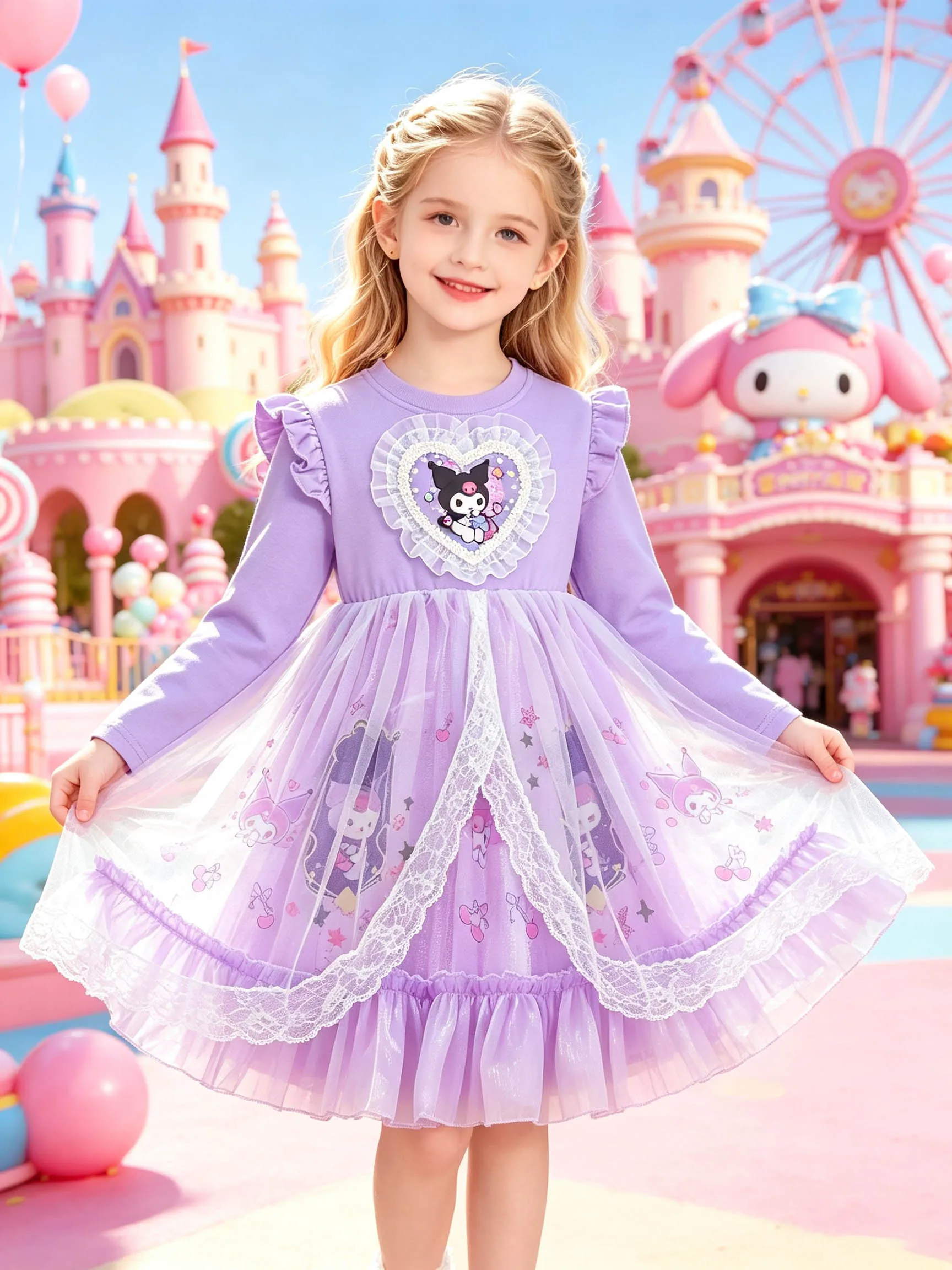 Girls' Taro Purple Kuromi Long-Sleeve Princess Dress with Heart Lace, Ruffle Flutter Sleeves & All-Over Printed Tulle Tutu Skirt