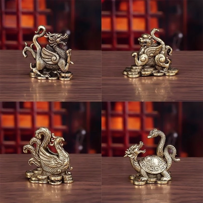Brass Four Great Divine Beasts Figurine Azure Dragon White Tiger Suzaku Xuanwu Desk Home Decoration Living Room Office Ornament