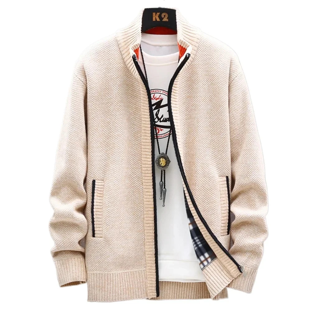 

Knitted Cardigan Solid Color Sweater Men Zipper Autumn New Long-sleeved Jacket Warm Fleece Cardigans Jacket