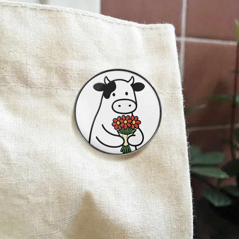 Kawaii Cartoon Cow UV Printing Badge Sweet Cow Holding Bouquet Brooch Adorable Farm Animal Lapel Pin Clothing Accessory