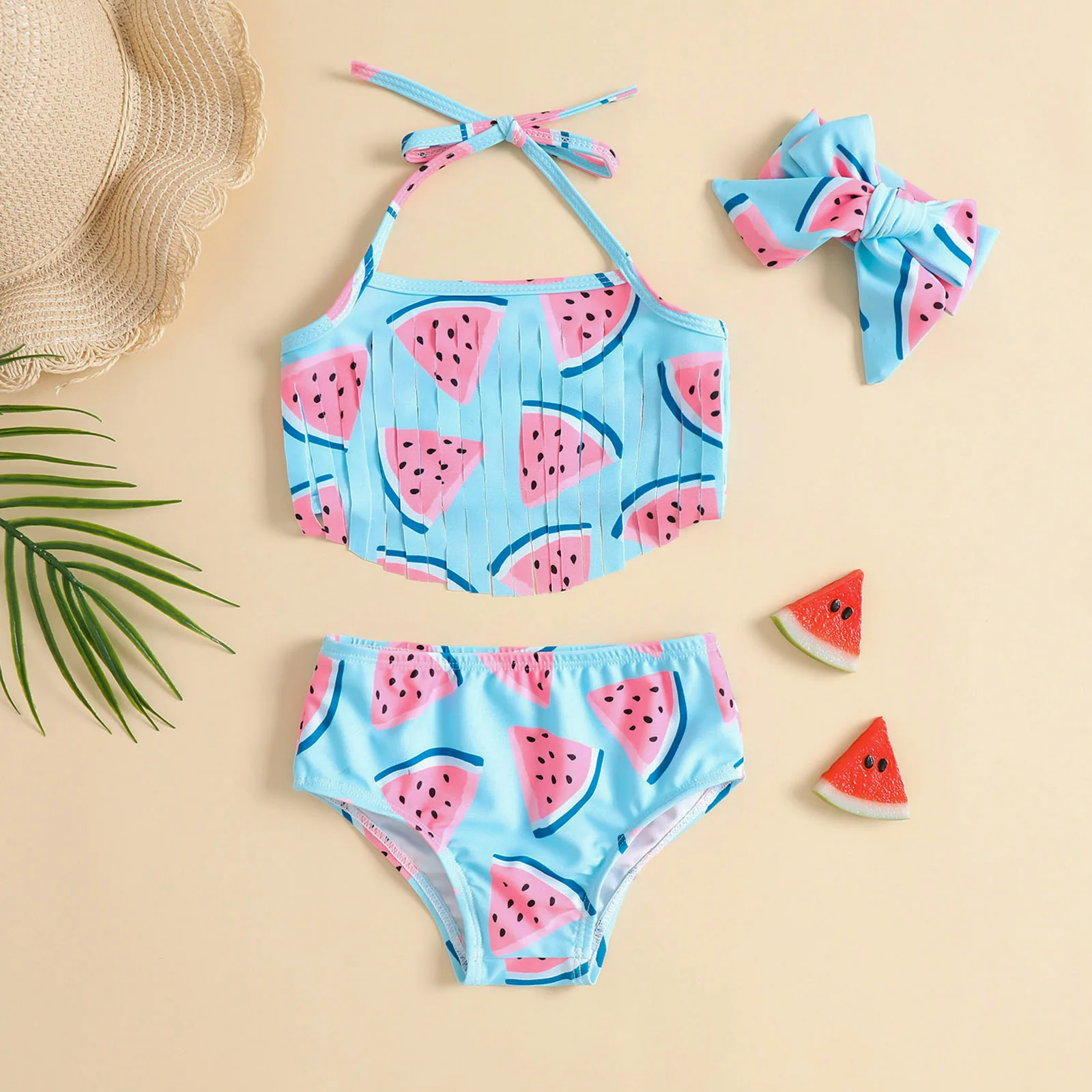 

Summer Girls Two-piece Swimsuit Bikini Baby Cute Watermelon Print Tassels Tankini Set Toddler Casual Swimwear Vacation Beachwear