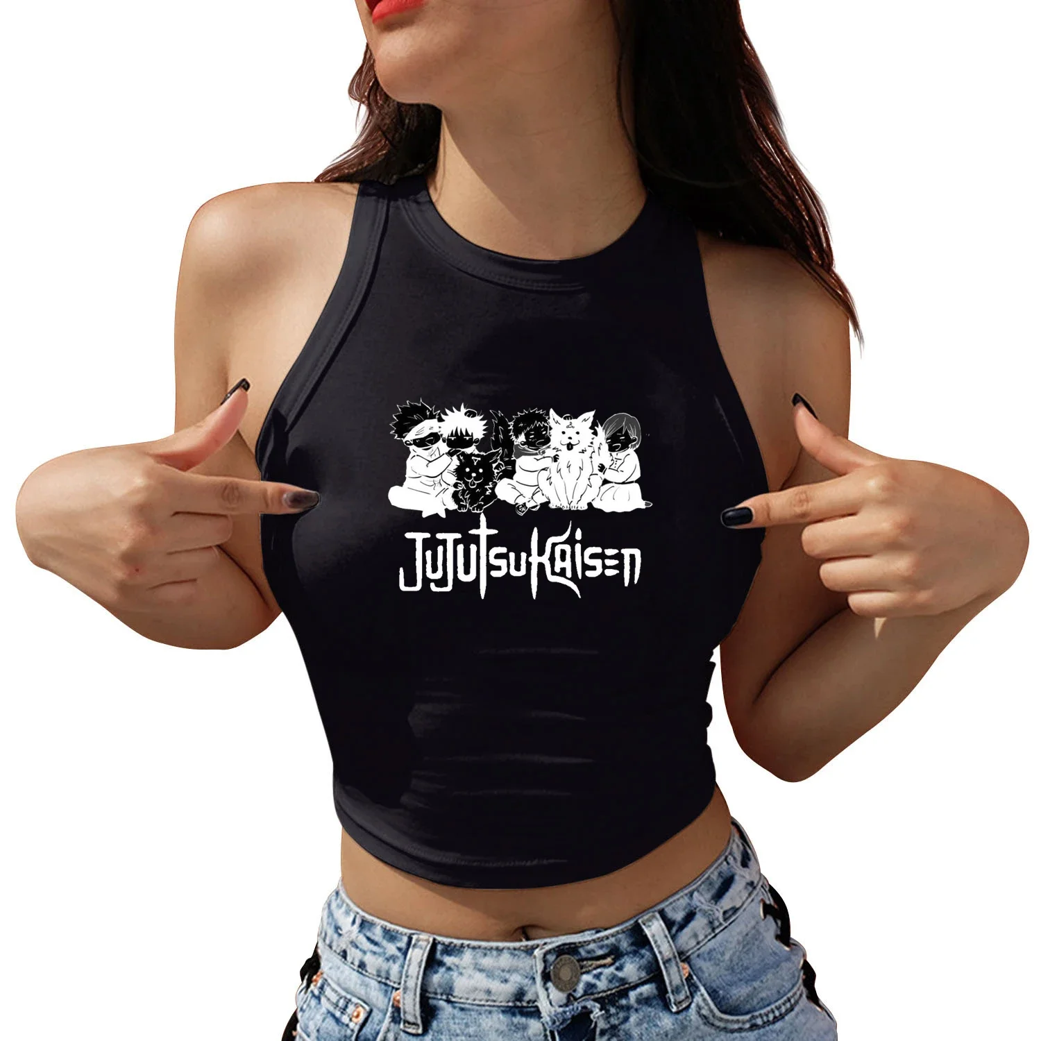 Anime Satoru Gojo Jujutsu Kaisen Women's Y2K Sexy Slim Crop Top Harajuku Round Neck Crop Tee Streetwaer Fashion Tank Tops