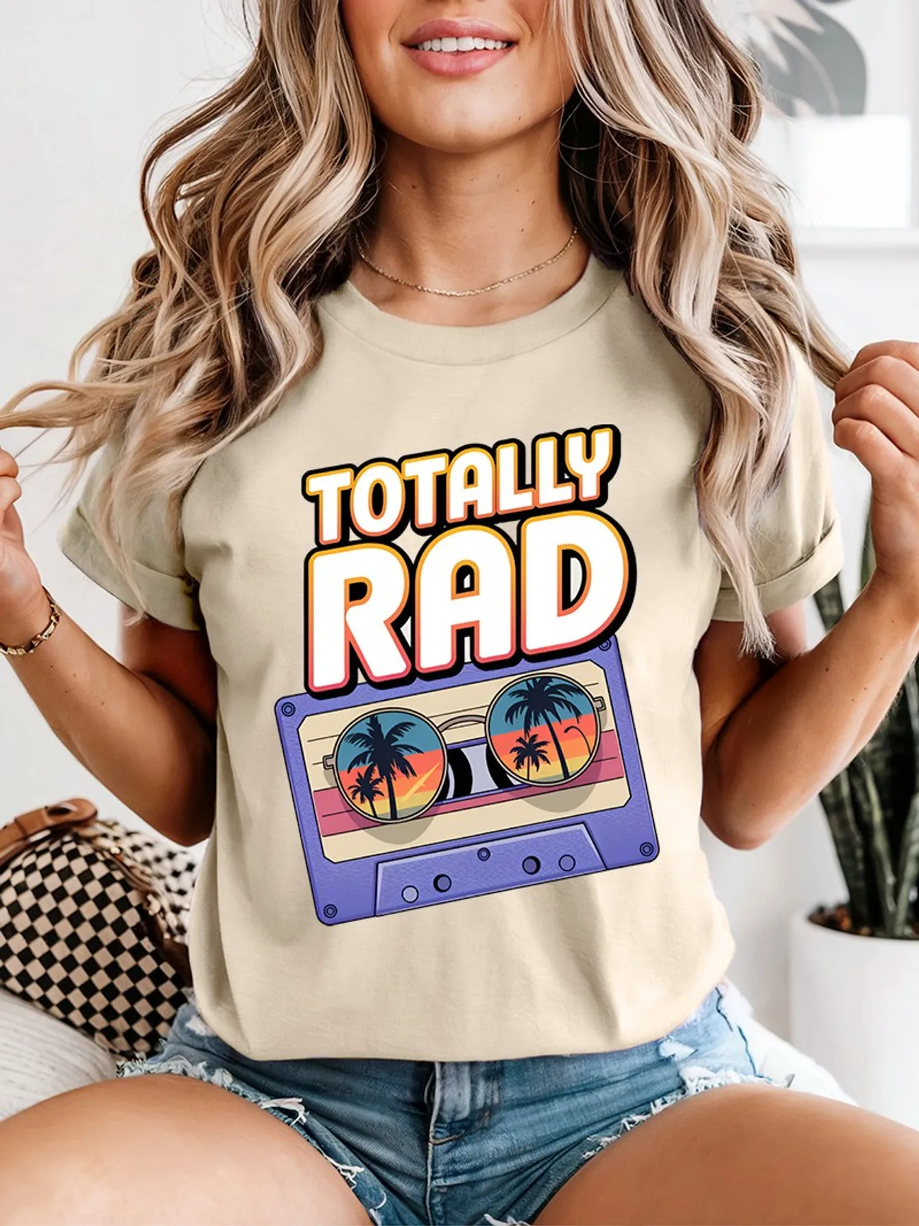 Cute Totally Rad Retro Cassette Palm Tree Sunglasses Art Print Graphic Ladies T Shirt Short Sleeve Crew Neck Casual Tee Tops