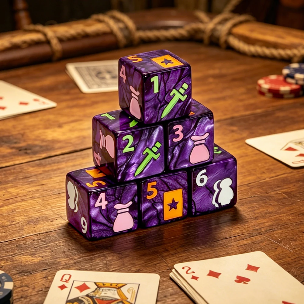 6PCS Adventure Themed D6 Dice Set for Board Games, RPG, D&D, Role-Playing & Family Fun. Ideal Gift Choice for Tabletop Gamers.