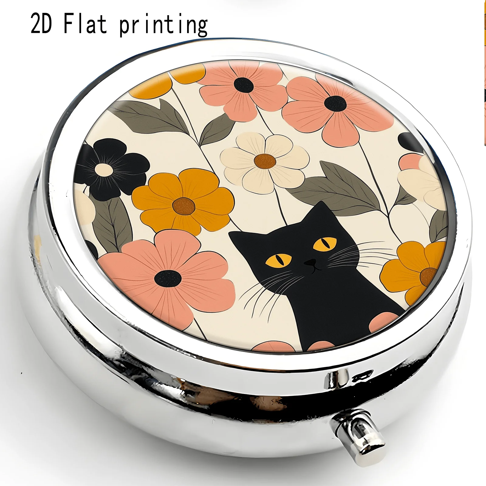Morandi-Toned Black Cat and Daisy Pattern, Round Three-Compartment Small Pill Box, Portable Medicine Storage, Small Jewelry Organizer, Suitable for Handbags or Travel, Holiday Gifts, Souvenirs, Prizes, Small Gifts, for Personal Use or as an Exquisite Gift Option