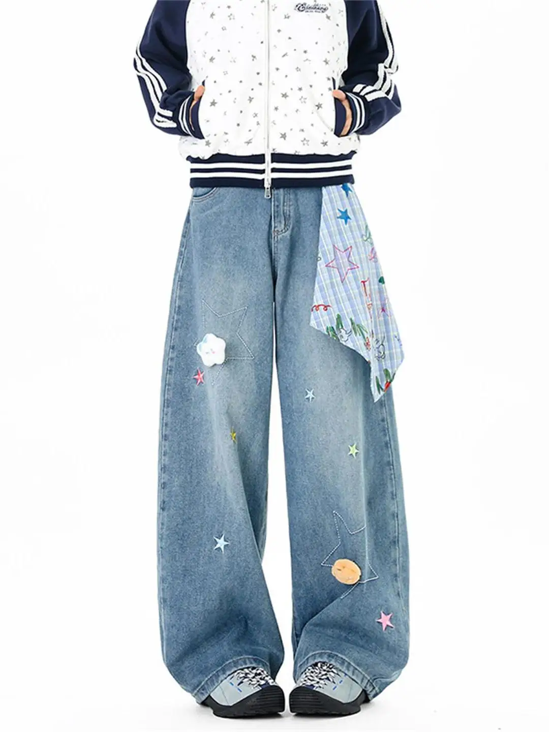 

American Street Sle Dopane Star Embroidery Wide Leg Jeans Loose Casual Pants for Men And Women Retro Knife Denim