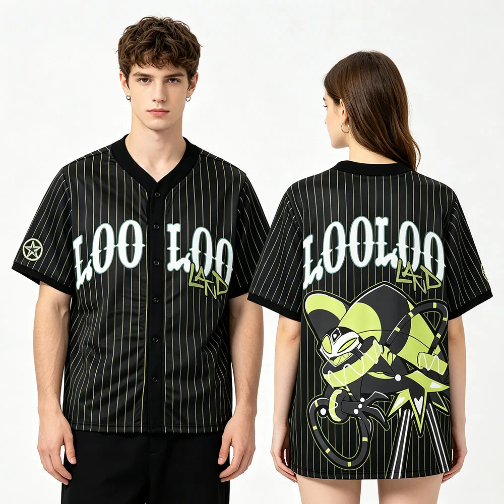 Loo Loo Land Park ROBOFIZZ BASEBALL JERSEY Helluva Boss Men Women Black Green Stripe Button‑Up Shirt Cartoon Print T-shirt Tops