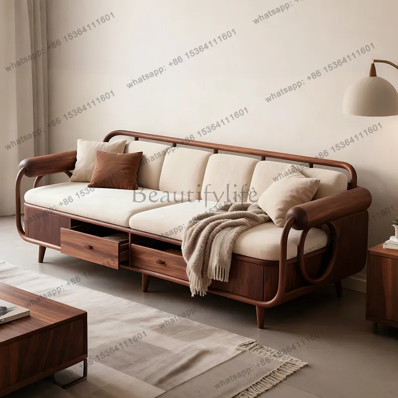 New Chinese-style solid wood sofa, black walnut wabi, high-end fabric, straight row of three people