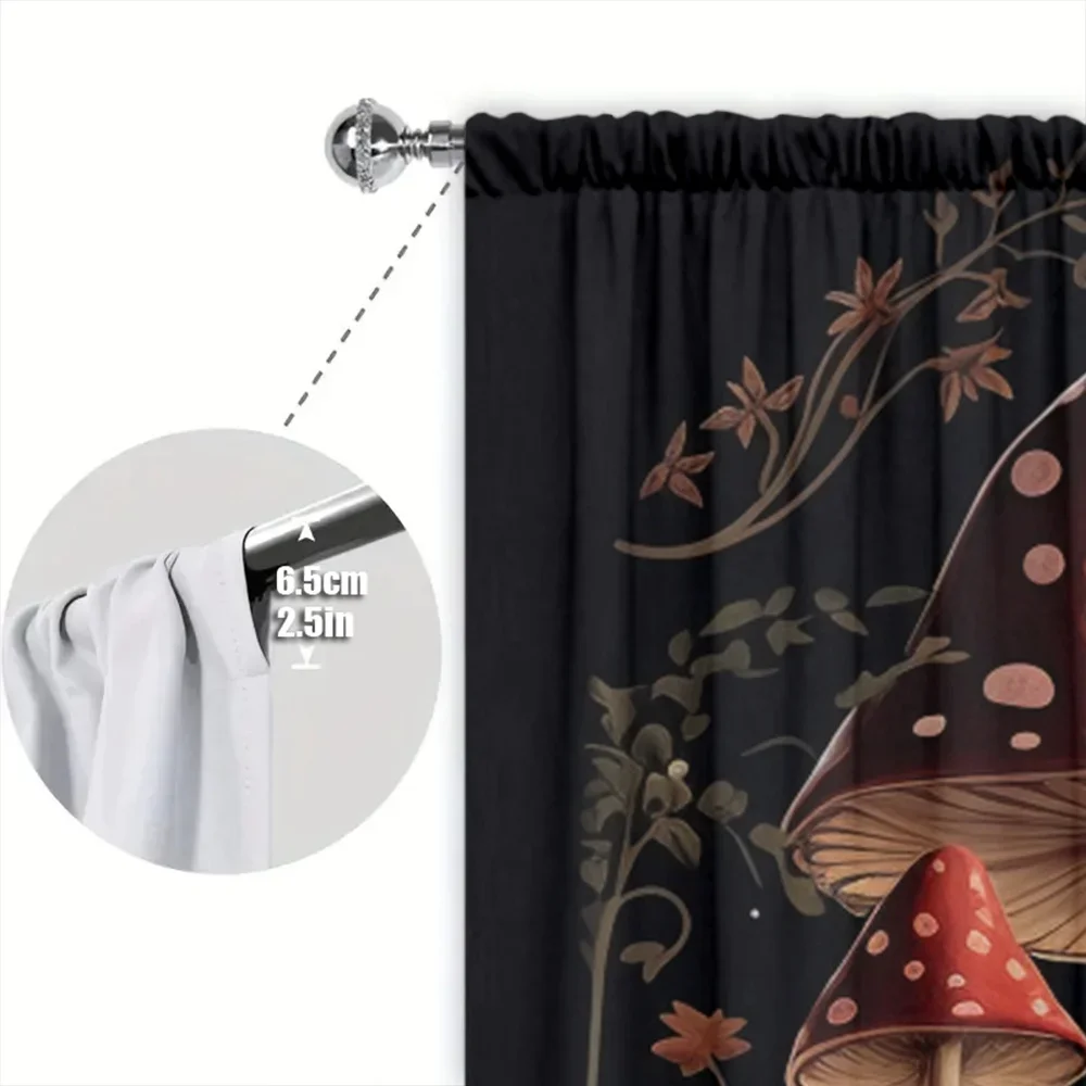 2pcs Dark Mushroom Printed Curtain for Home Decor - Rod Pocket Window Treatment for Bedroom,Office,Kitchen,Living Room,and Study