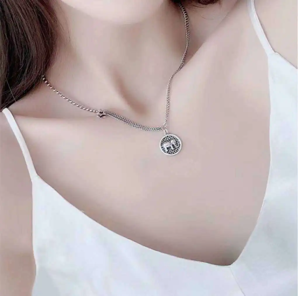 925 Sterling Silver Thai Silver Smiling Face Star Necklace Female INS Hip Hop Elephant Collar Chain Simple Retro Sweater Chain S