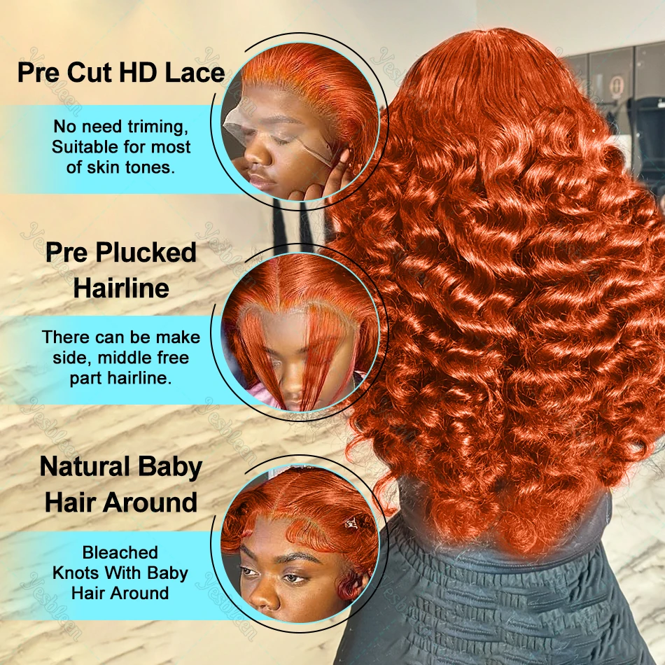 30Inch Ginger Orange Loose Wave Lace Front Wigs 350 Colored Deep Wave Curly 13x4 13x6 HD Transparent Lace Frontal Wig Human Hair