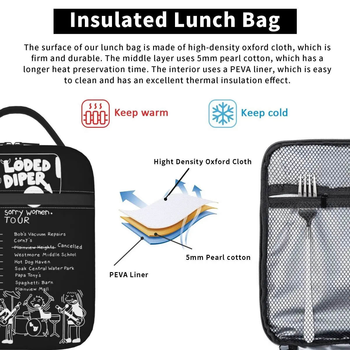 Boîte à lunch isotherme pour l'école, sac fourre-tout, Rock Band, Loded Diper Tour, produit blanc, glacière thermique, style Ins