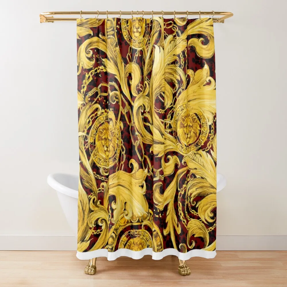 

golden lion baroque seamless pattern. Watercolor vintage gold lace ornament. luxury textile print Shower Curtain