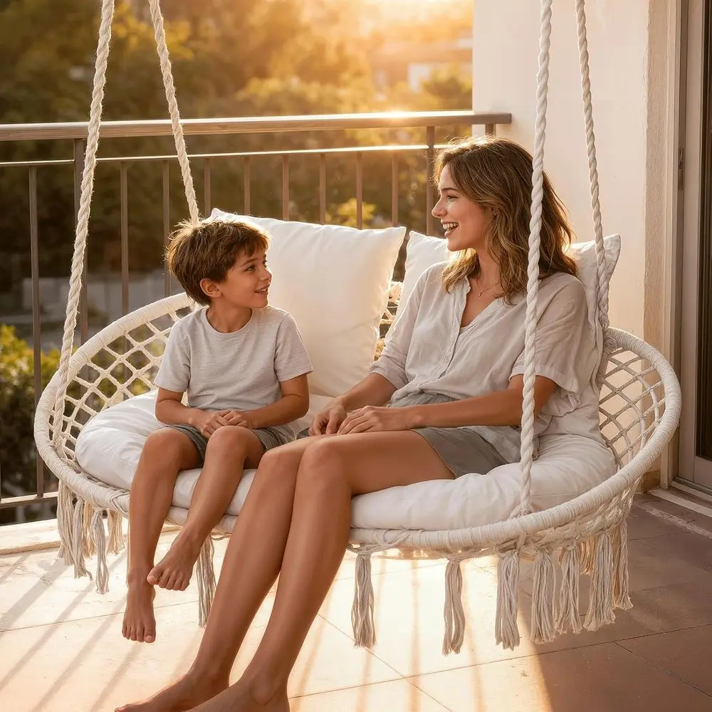 Double macrame swing bench with three plush cushions