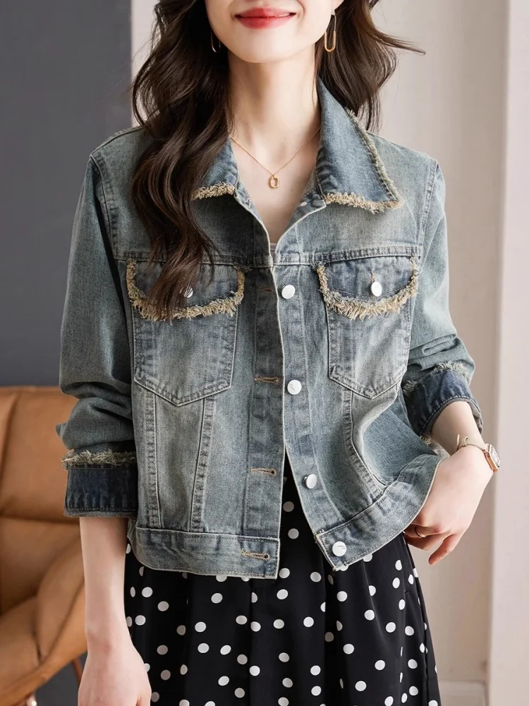 Women's Short Denim Jacket Spring Autumn Loose Design Sense Frayed  Tag Removed Fashionable Commute Style Button Closure