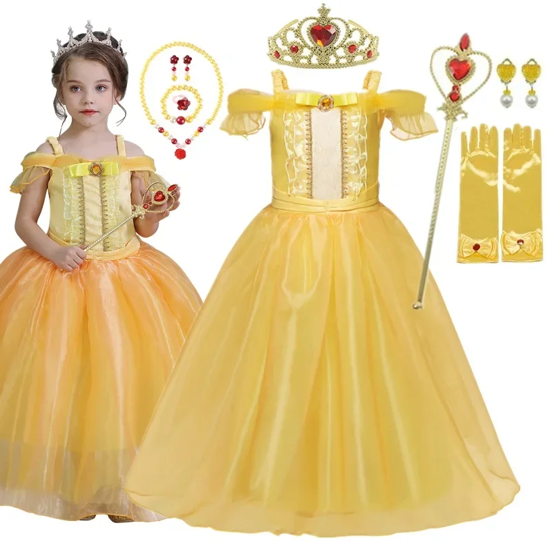 2024 Belle Girls Princess Dress Beauty And Beast Cosplay Costume Belle Praty Luxury Wedding Ball Gown Kid Carvinal Fancy Clothes