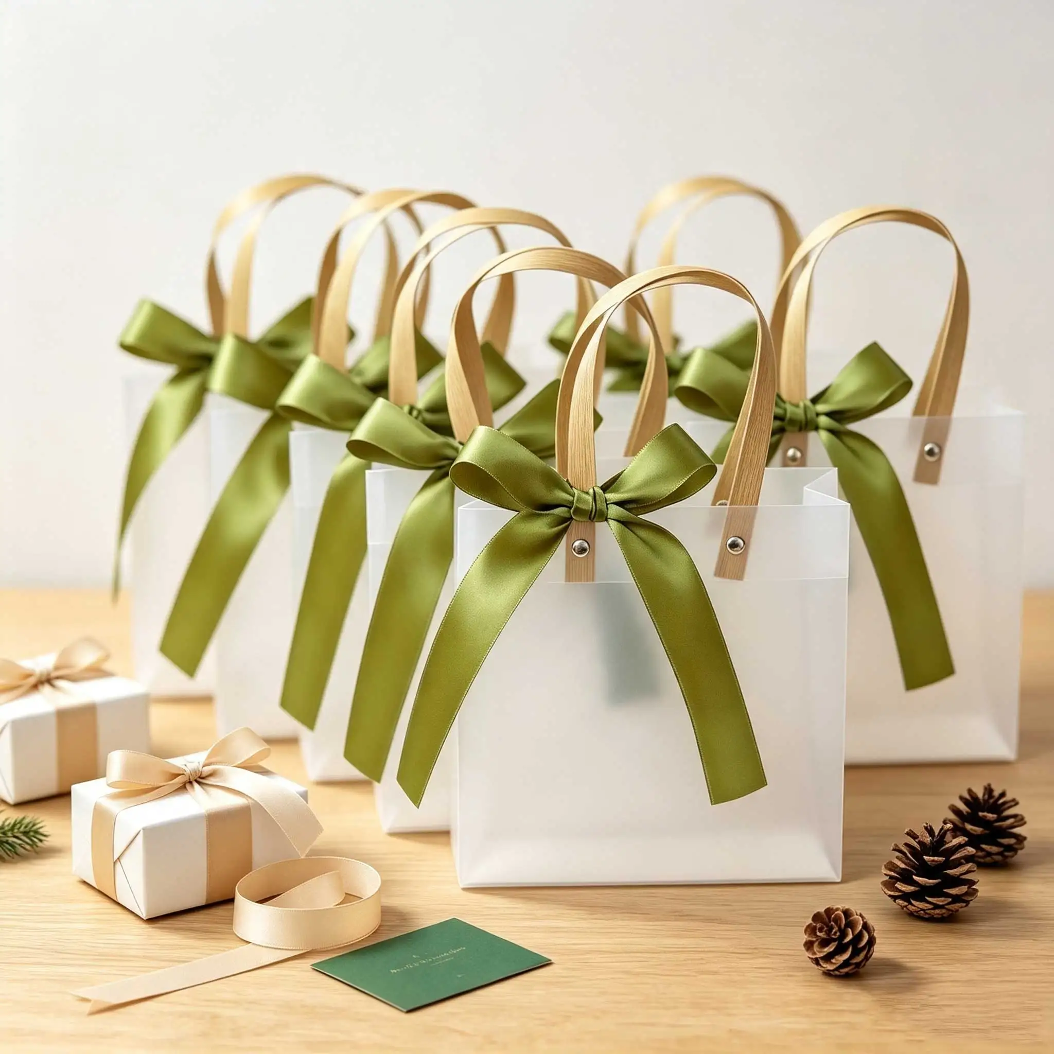 Frosted PVC Gift Bag With Handle Green Satin Bow, Portable Transparent Handbag Wedding Birthday Party Favor Packaging GYH