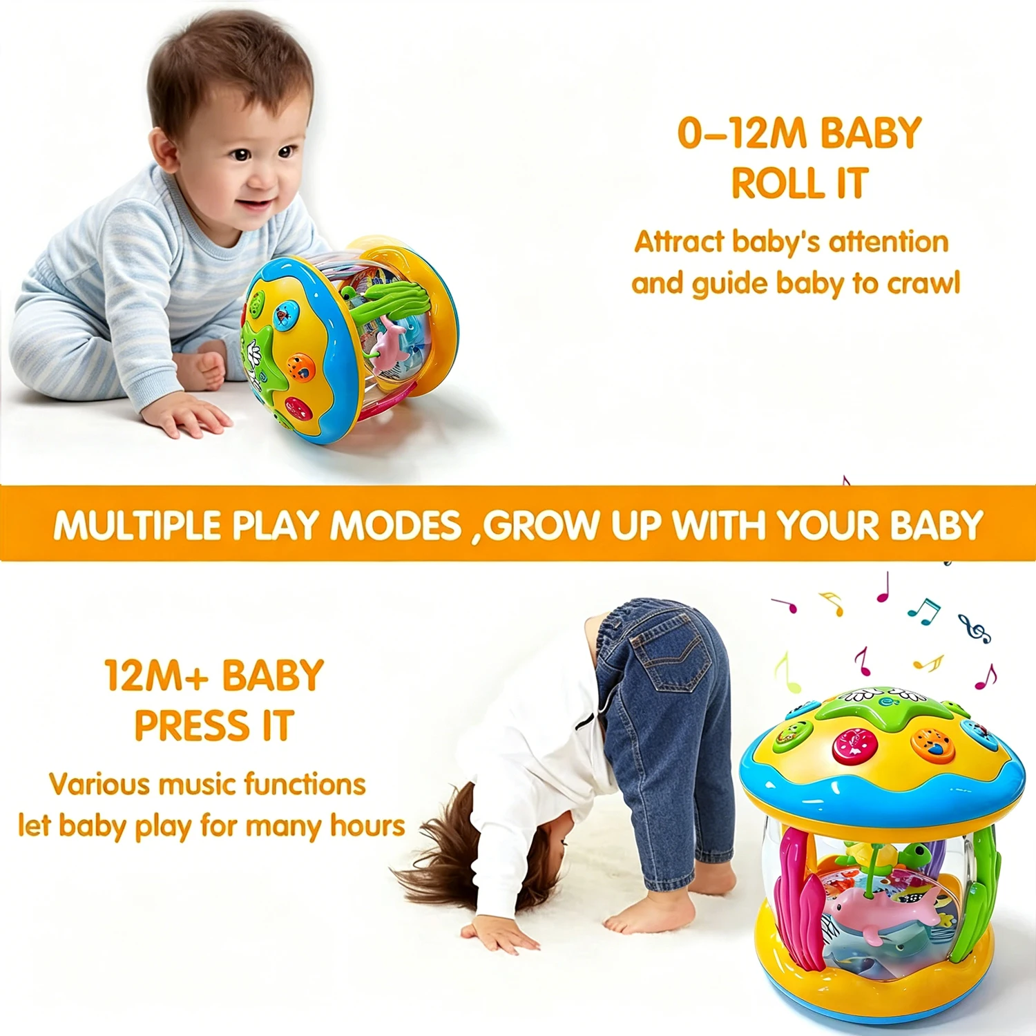 12+ Months Baby Musical Light-Up Ocean Projector Sensory Toy for Lying & Crawling Perfect Gift for Toddler Boys Girls Age 1-3