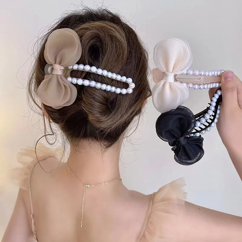 

Bow duckbill clip big pearl female coiled hair ponytail headdress hair bow 2024 new Japanese and Korean style