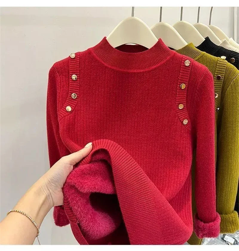 Senior Sense Integrated Velvet Plus Velvet Thickened Half Turtleneck Sweater New Women Winter Foreign Style Warm Top Base Shirt