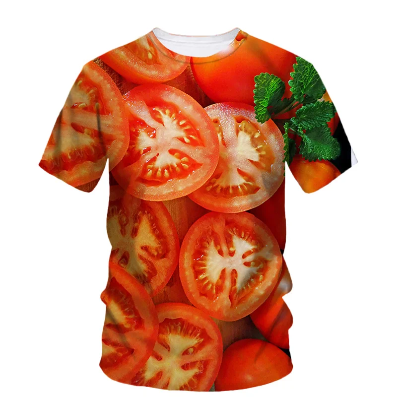 Camiseta con estampado de tomate creativo en 3D para hombre y mujer, camisetas con patrón de arte vegetal, Tops holgados de cuello redondo, camisetas de manga corta