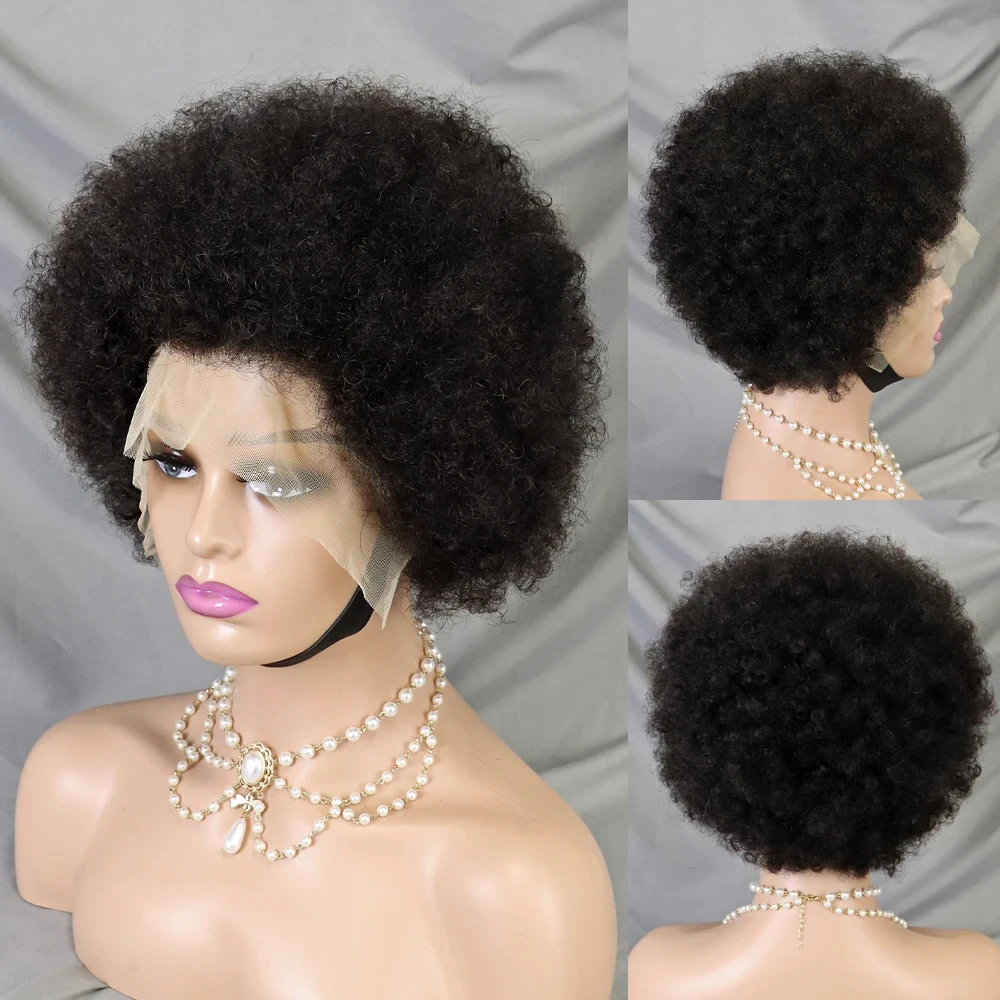 Natural Afro Kinky Curly Peruca de Cabelo Humano para Mulheres, Transparente Full Lace, Frontal Curto Bob Perucas, Linha Fina Pré-Arrancadas, 13x4