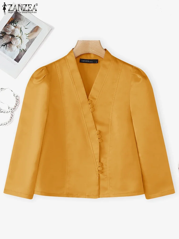 ZANZEA femmes élégantes mode bureau dame OL chemises Blouse Sexy col en v décontracté couleur unie hauts tunique boutons manches bouffantes Blusas