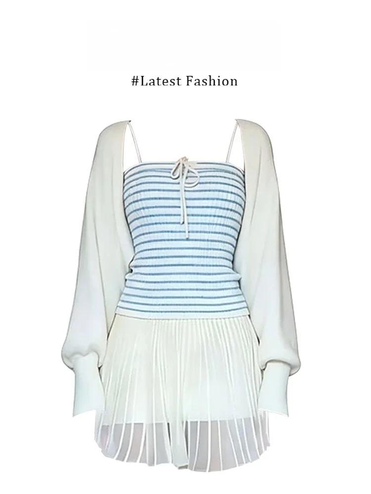 

Korean Style Striped Tube Top Knitted Cardigan White Skirt Set Women's Fashion Spring Casual Wear Warm Mid-Length Sleeve
