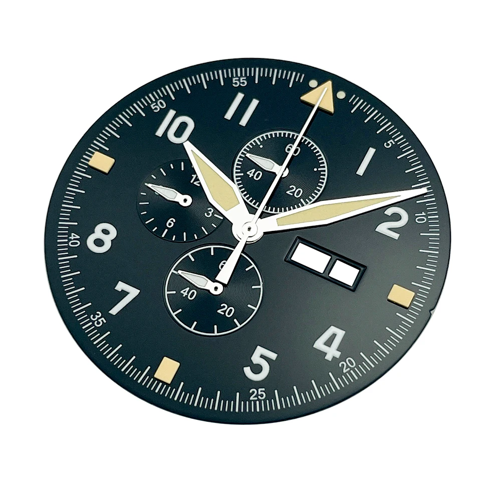 Copper 37.7mm Black Pilot Chronograph Dial & Hands Set, 12-Hour, Green Lume, Compatible with Miyota OS00 Movement