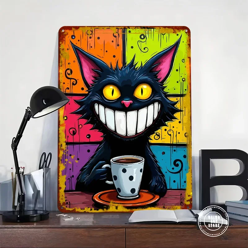Grinning Cat With Coffee Cup Poster Customized Wall Art Vintage Metal Signs Retro Tin Plaque for Man Cave Luxury Home Decor Room