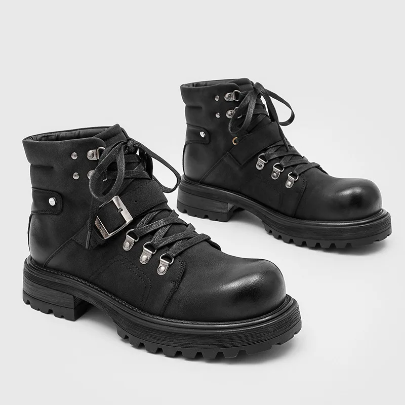 Brand Men Leather Boots Motorcycle Snow Cowboy Flats Platform High Top Ankle Winter Shoes Luxury Vintage Designer Shoes view 6