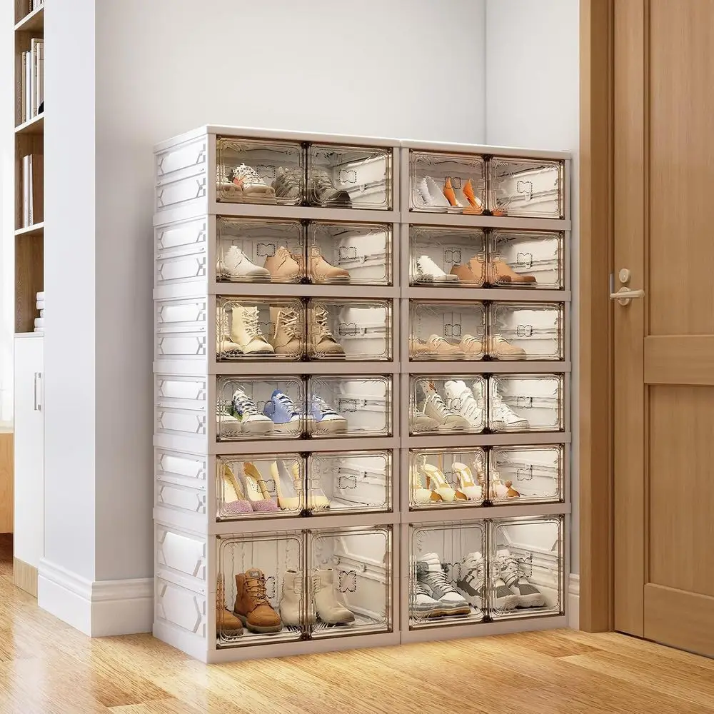 

6-Tier Stackable Shoe Rack Organizer, 24 Pairs Collapsible Cabinet with Transparent Doors & Leather Handles, Space-Saving Storag