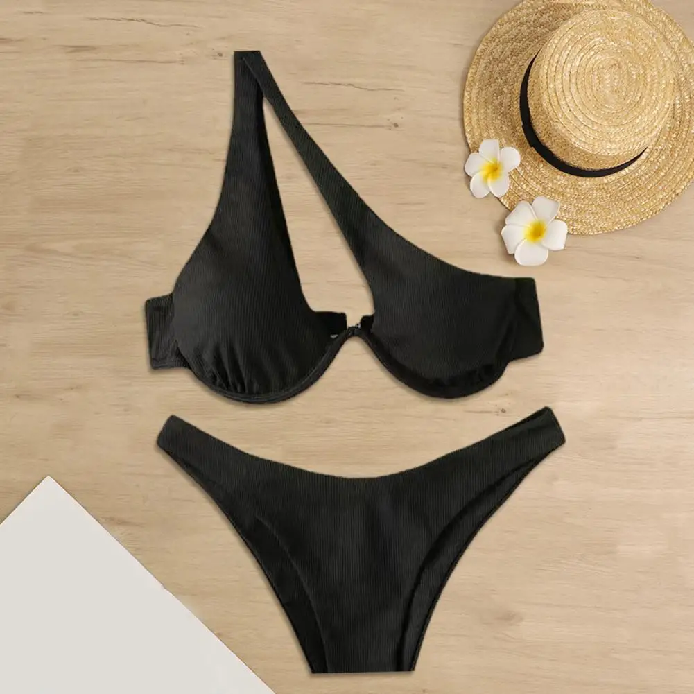 Two-piece Swimsuit Set Stylish Two-piece One-shoulder Bikini Set with High Waist Solid Color Push Up Swimwear for Women Quick