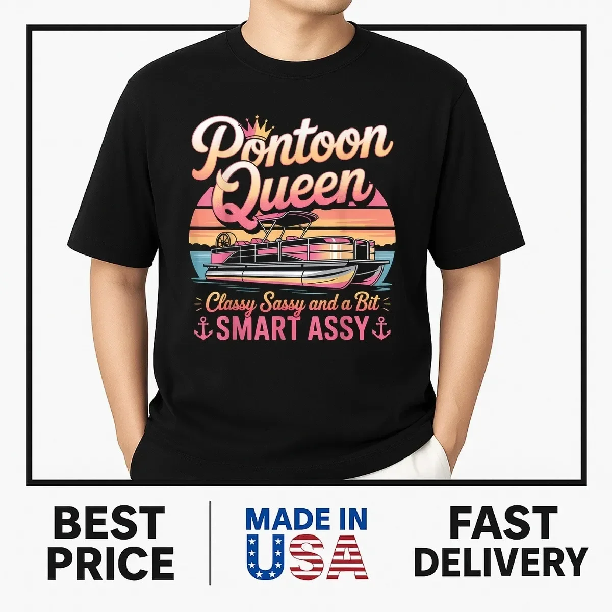 Pontoon Queen Sassy Funny Boating Party Tee T-Shirt NEW ITEM