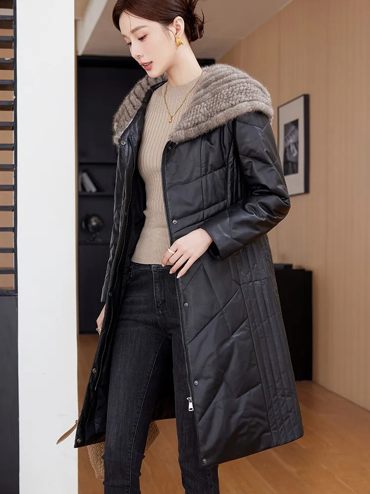 مصمم سيدة جلد الغنم الحقيقي سليم صالح فرو المنك طوق مقنعين منتصف طويل أسفل سترة دافئة أبلى خندق معطف سترة واقية #3