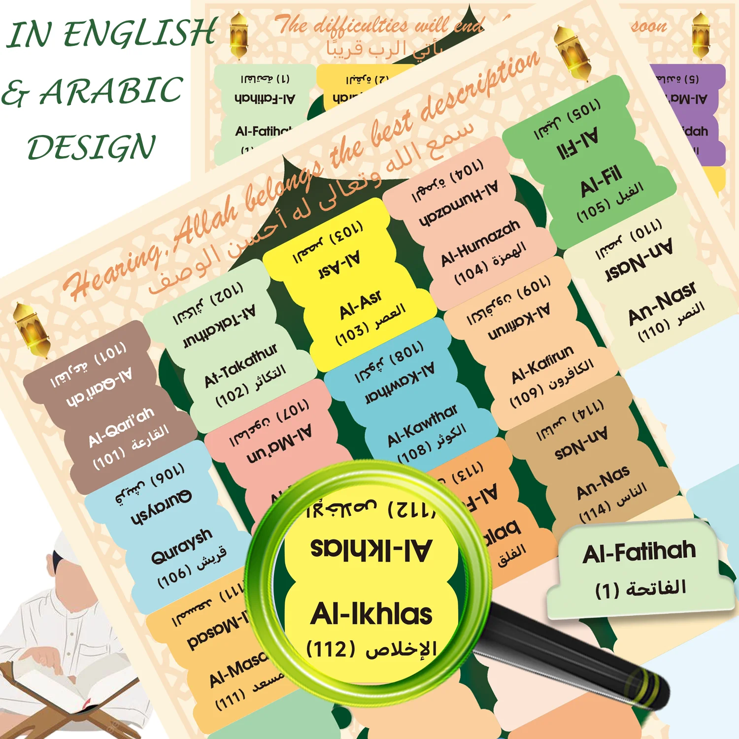 125 Quran Chapter Tabs in English&Arabic-114 Surah Labels&11 Blank Tabs, Colorful Islamic Study Accessories for Quran Journaling