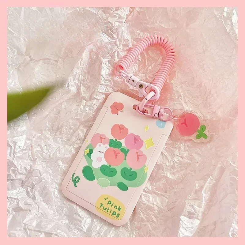 School Students Card Protectors ID Bank Cards Cover Cartoon Tulip Lucky Bear Ins Photocard Card Holder Bags with Keychain
