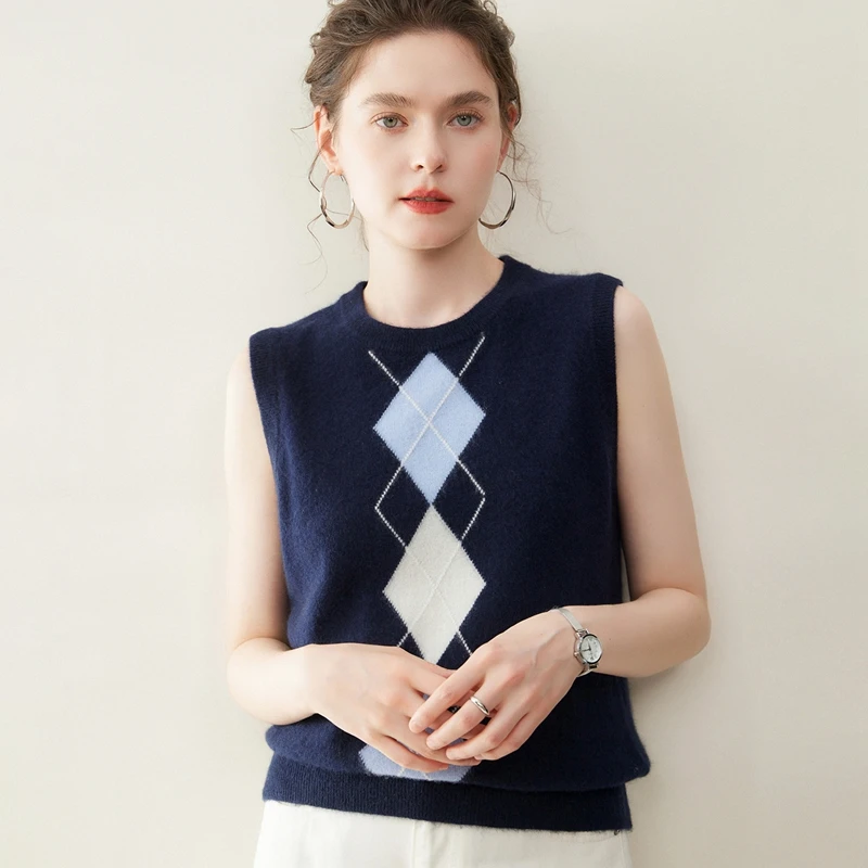

MEELEX New Chic Women 100% Cashmere Waistcoat Knitted Autumn Winter Sleeveless Pullover Sweater Intarsia Woman Cashmere Vest