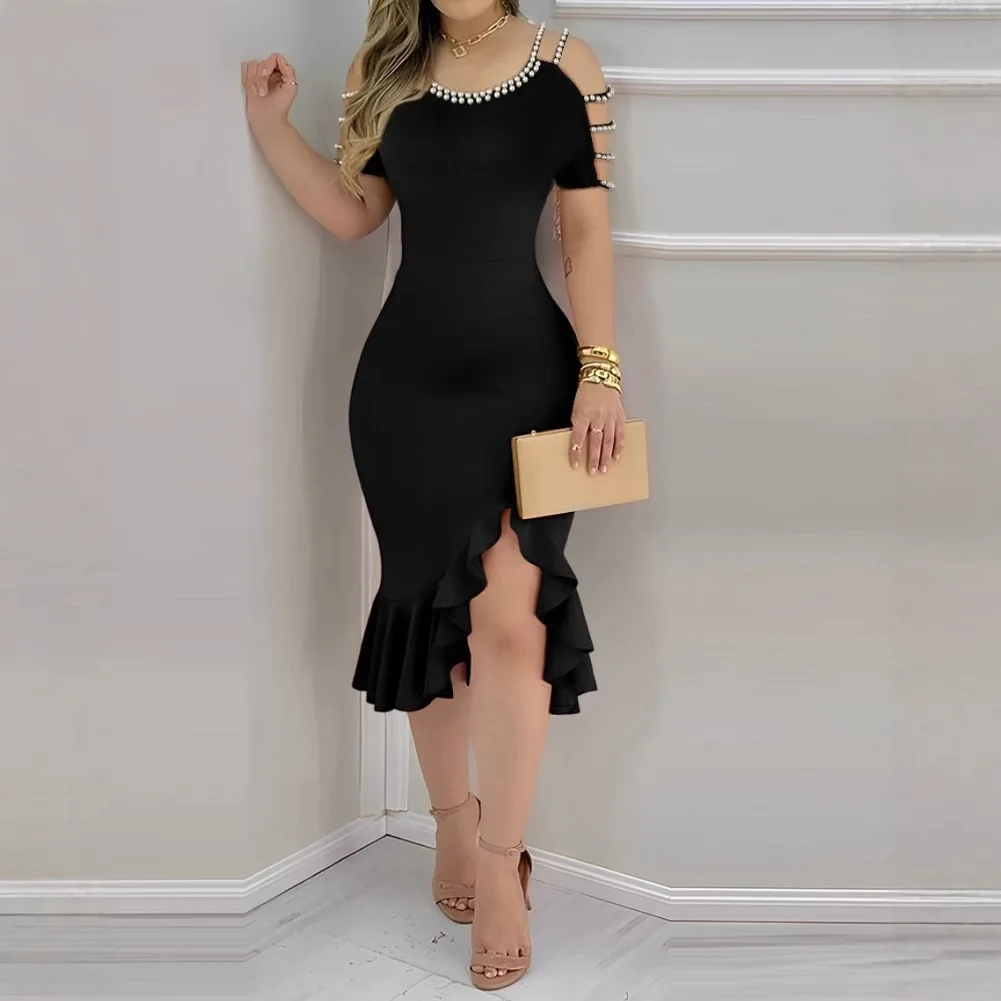 Women Pearl Strap Cold Shoulder Ruffle Hem Bodycon Midi Dress Elegant Party Gown