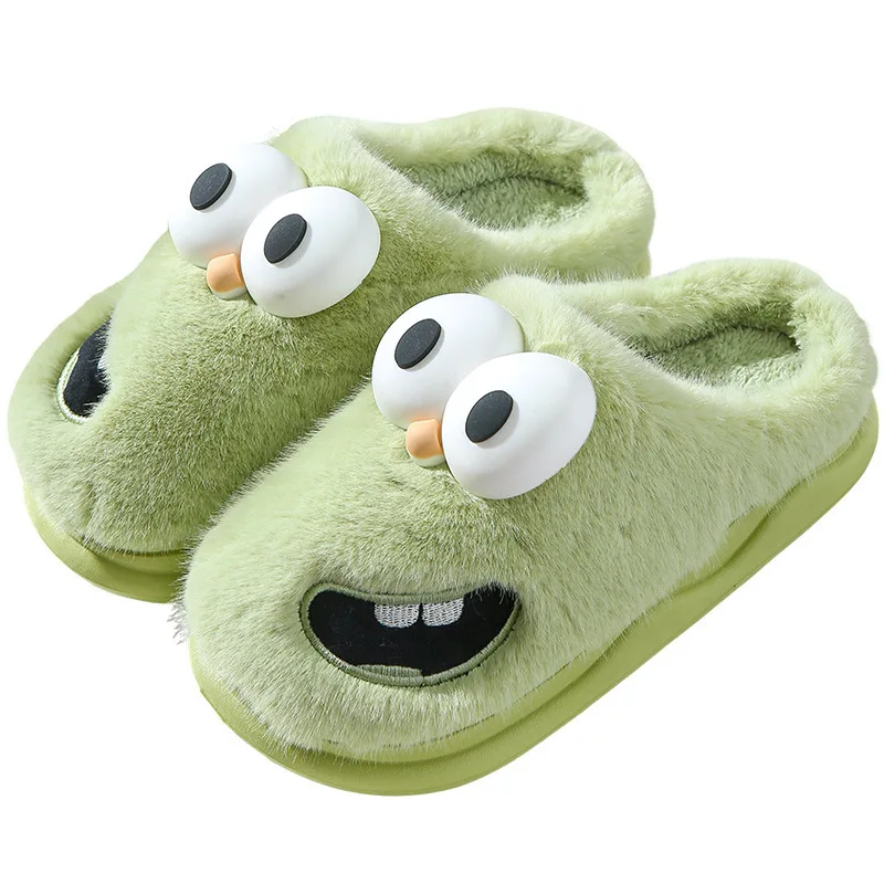 Home Cotton Slippers Female Big Eye Dog Cartoon Warm Couple Fluffy Shoes Embroidery Funny Thick Bottom Autumn Winter Cotton Drag