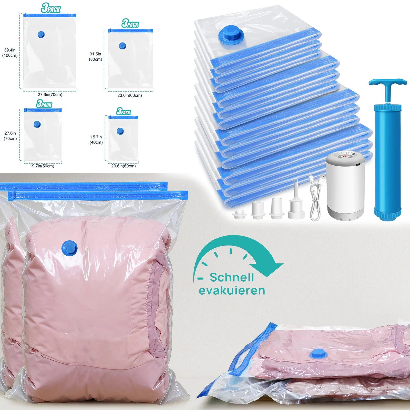12x vacuum storage bags（40*60cm、50*70cm、60*80cm、70*100cm）– vacuum bags for clothes and bedding + pump