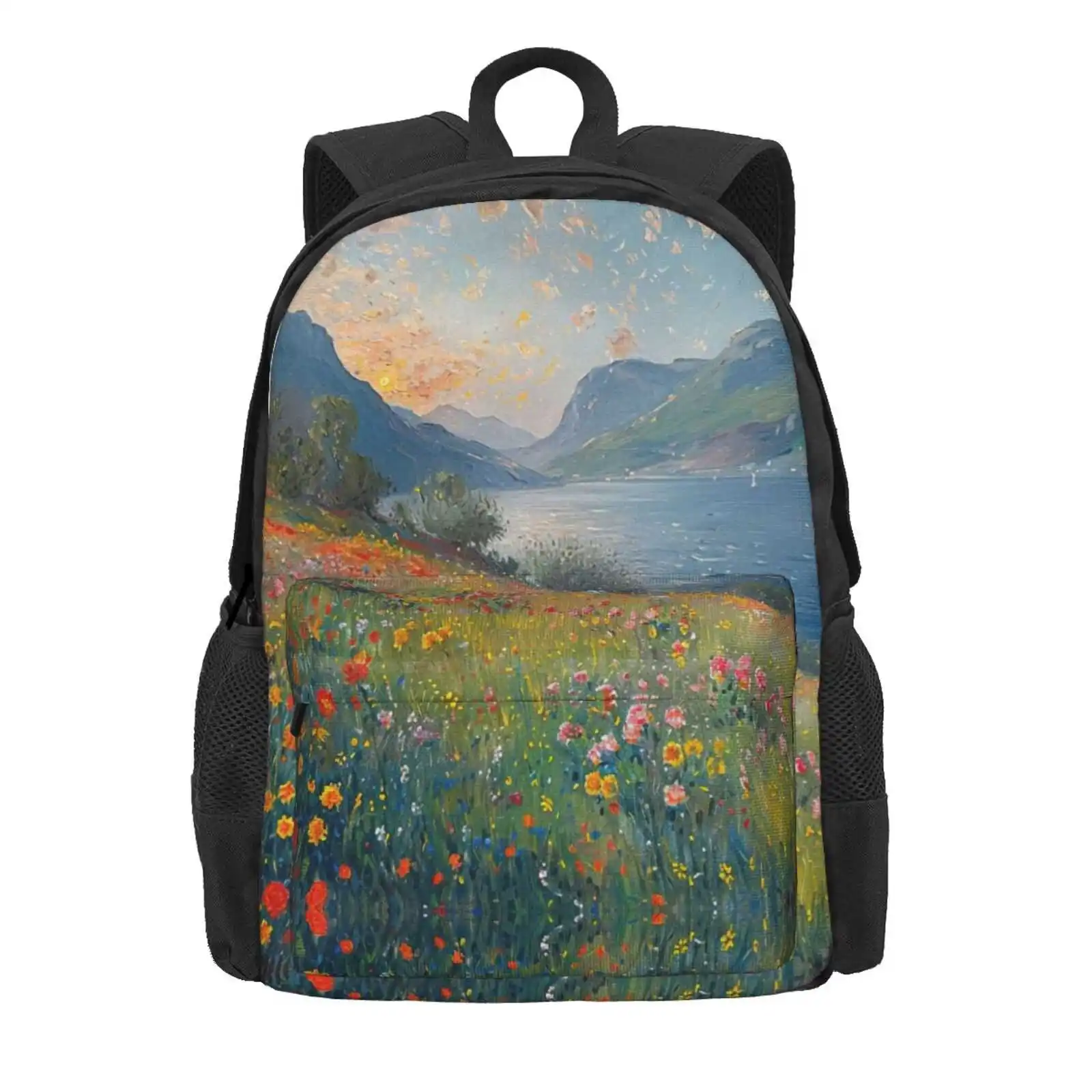 Garden Landscape Hot Sale Schoolbag Backpack Fashion Bags Landscape Water Lilies Flowers Nature Blue Water Lilies Garden Rose