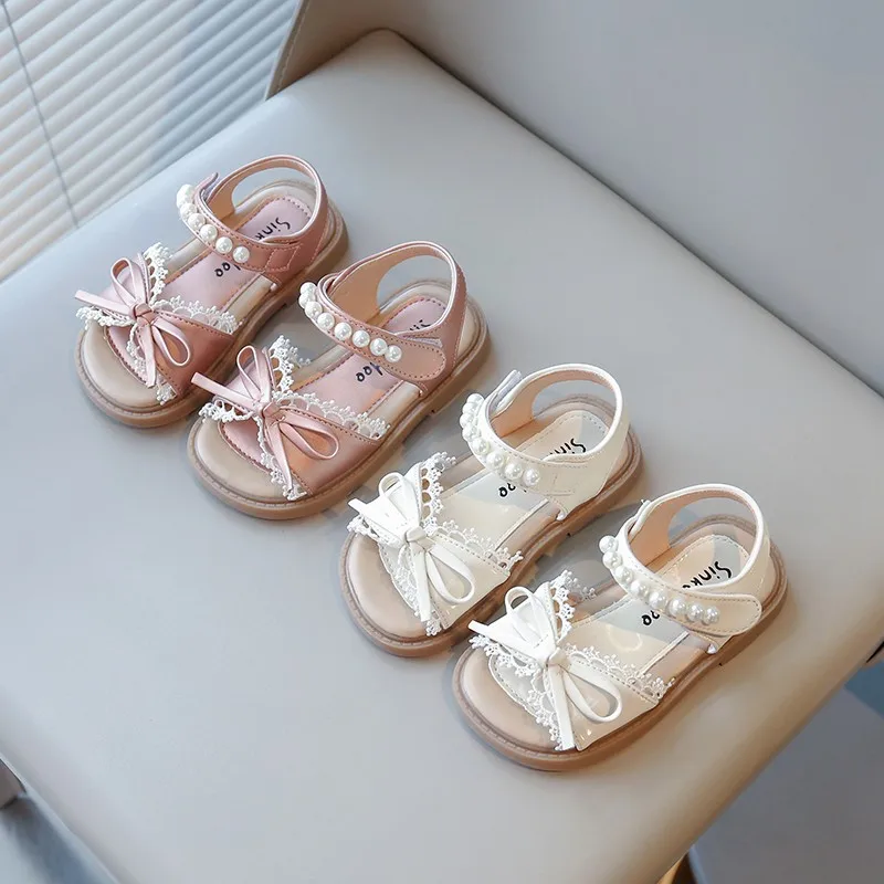 Solid Colors Anti-slip Chic Daily Children Shoe Summer Girl's Princess Shoes Lace Bowtie Open Toe Pearl Sweet Kid's Flat Shoe
